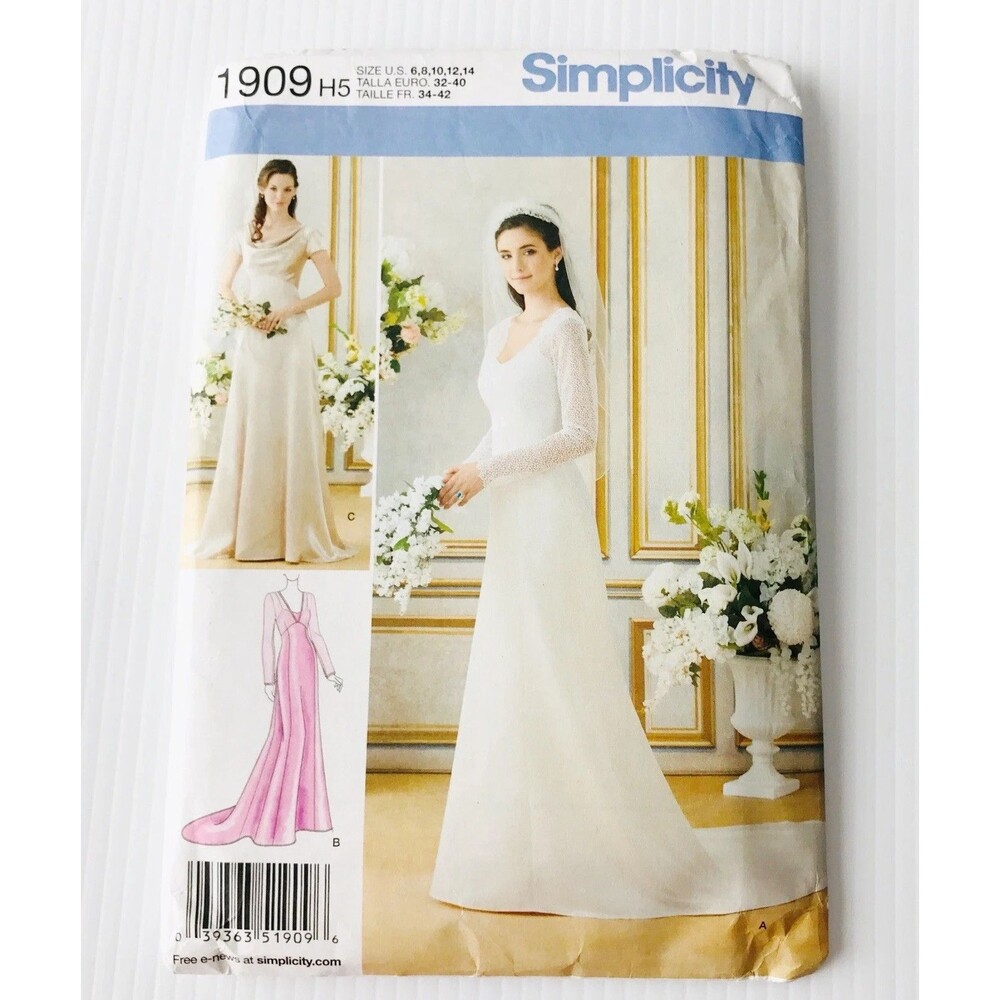 Simplicity 1909 Fitted Bridal Gown w Train Or Bridesmaid Dress Sz 6-14 Uncut